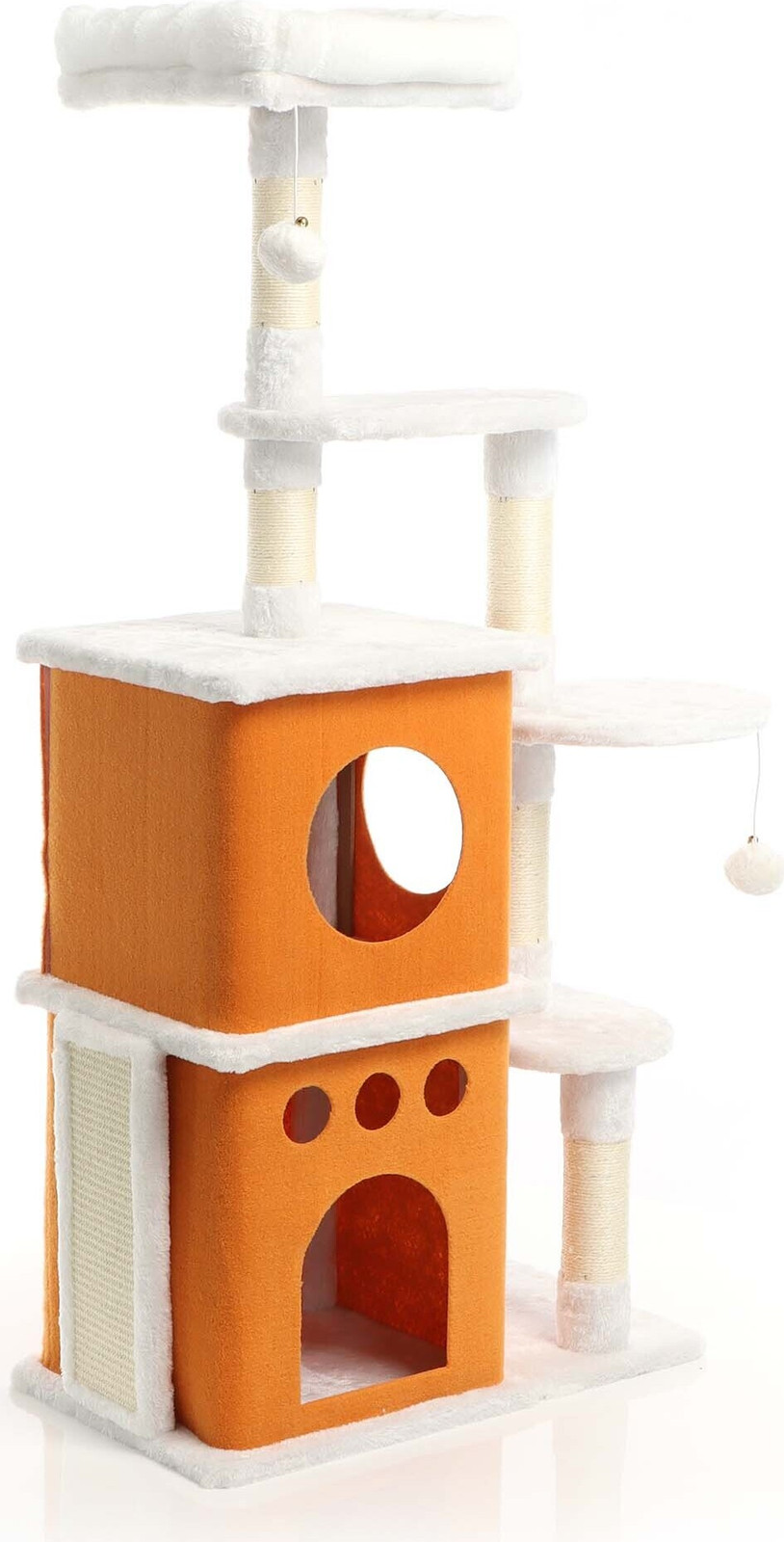 Fudajo Kattenkrabboom in wit/bruin, 125 cm hoog, met 2 kattenhuisjes, ligplaatsen, sisal en speeltjes