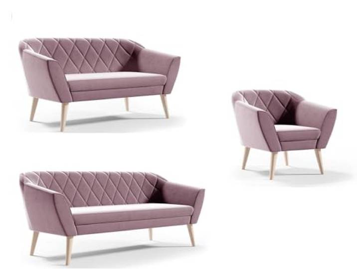 Sofello Couchgarnitur Gloria Wohnzimmerset 3+2+1 Sitzer Samt Hohe Holzfüße Buche (Riviera 62 - Rosa)