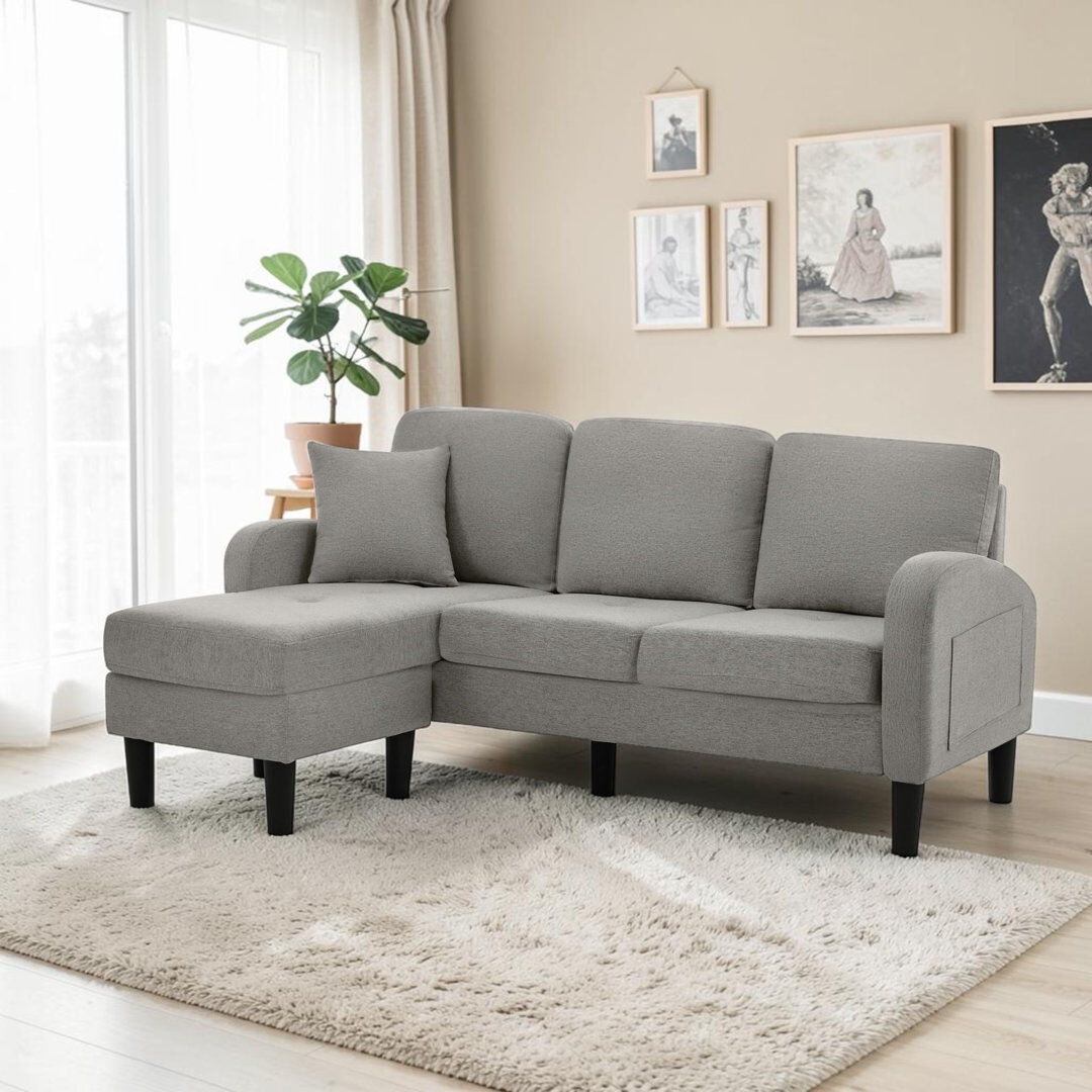 Brayden Studio Celis Beige Mix Grey Linen Fabric L-shaped Corner Sofa with Chaise Lounge – 3-Seater Sofa, Plastic Legs Grey Linen 77cm H X 166cm W X 118cm D