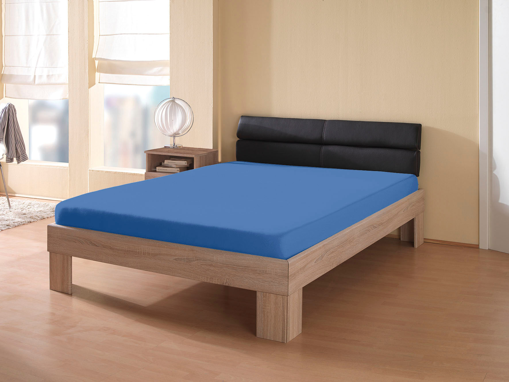 Spannbettlaken KUM "Interlock-Jersey Spannbetttuch", blau, L:200cm, Interlock-Jersey, Obermaterial: 100% Polyester, Bettlaken, Spannbettlaken, bis ca. 30 cm Matratzenhöhe blau B/L: 200cm, 1 Stk., Interlock-Jersey, 180-200x200 30cm