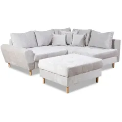BOOOM Ecksofa mit Hocker Rice Stoff Grau