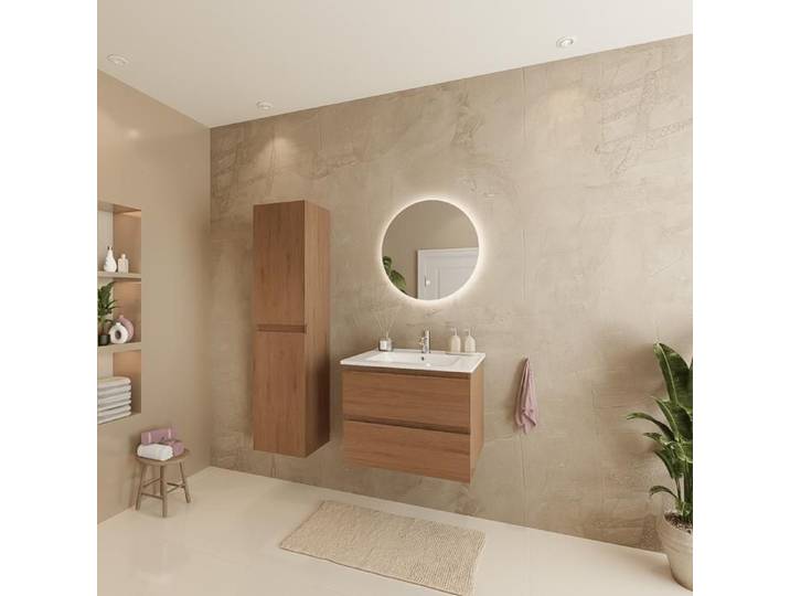 Ensemble Meuble Vasque 60 Cm Avec Colonne - Chêne Chaud - Lavabo Blanc - LOMAZOO Verona