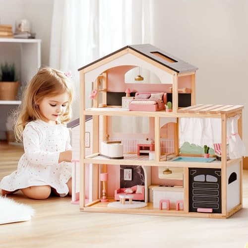 ROBUD Houten poppenhuis met meubels, lift, garage, paviljoen en zwembad, zwart