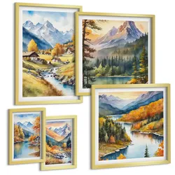 BILDER SET 5er Set - 50x50 cm & 20x30 cm & 40x60 cm Goldrahmen - Bergblick, Fluss, Herbst