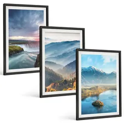 BILDER SET 3er Set - 40x60 cm Schwarzer Rahmen - Berglandschaften, Wasserfälle