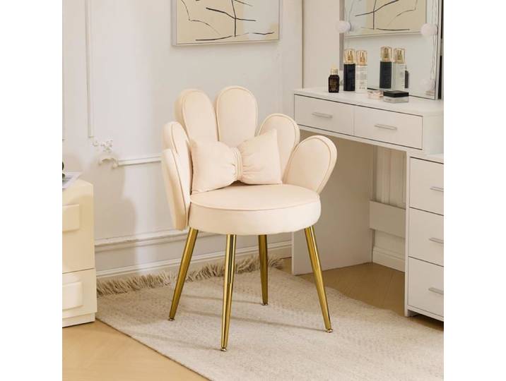 VINGLI Fauteuil de Salon Chaise Coiffeuse en Forme Pétale Fauteuil d'Attente Chaise de Bureau en Velours Beige