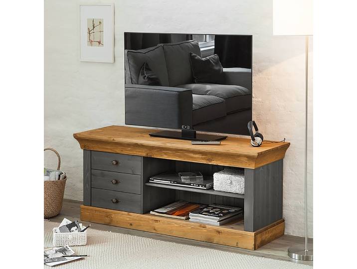 TV-Lowboard Massivholz Nordische Kiefer, gebeizt & lackiert Absetzungen: gebeizt & geölt Braun/Grau/Kiefer Grau/Kiefer Laugenfarbig 143 x 59 x
