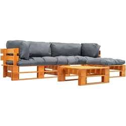 vidaXL 4-tlg. Garten-Paletten-Sofagarnitur mit Grauen Kissen Holz