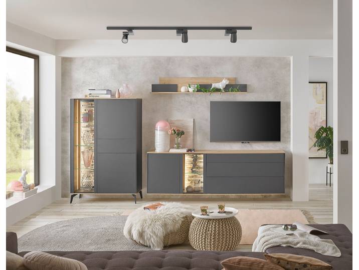 TV-Lowboard Front & Korpus: Spanplatte, beschichtet Absetzung: Massivholz Teak, naturbelassen Grau/Anthrazit 207cm