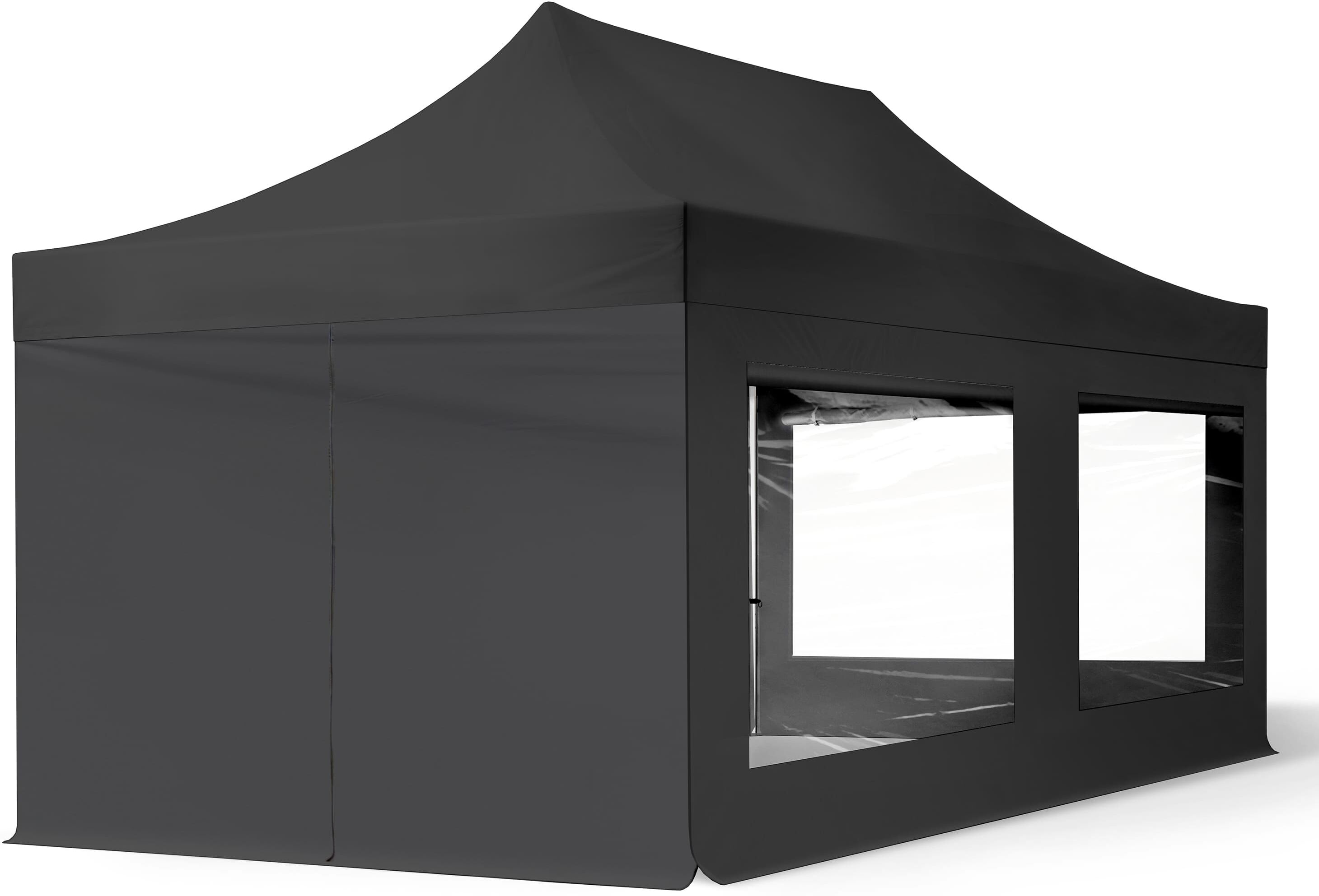 TOOLPORT 10x20 ft PES 700 Pop-Up Canopy ECONOMY Steel 1.2 in., incl. Sidewalls with Panorama Windows, Black - (59357)