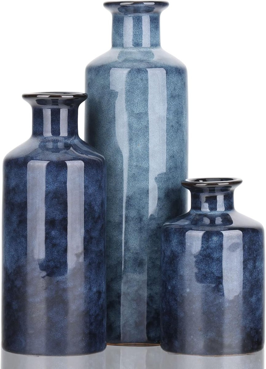 Famanu Set van 3 Blauwe Keramische Vazen voor Landelijke Decoratie