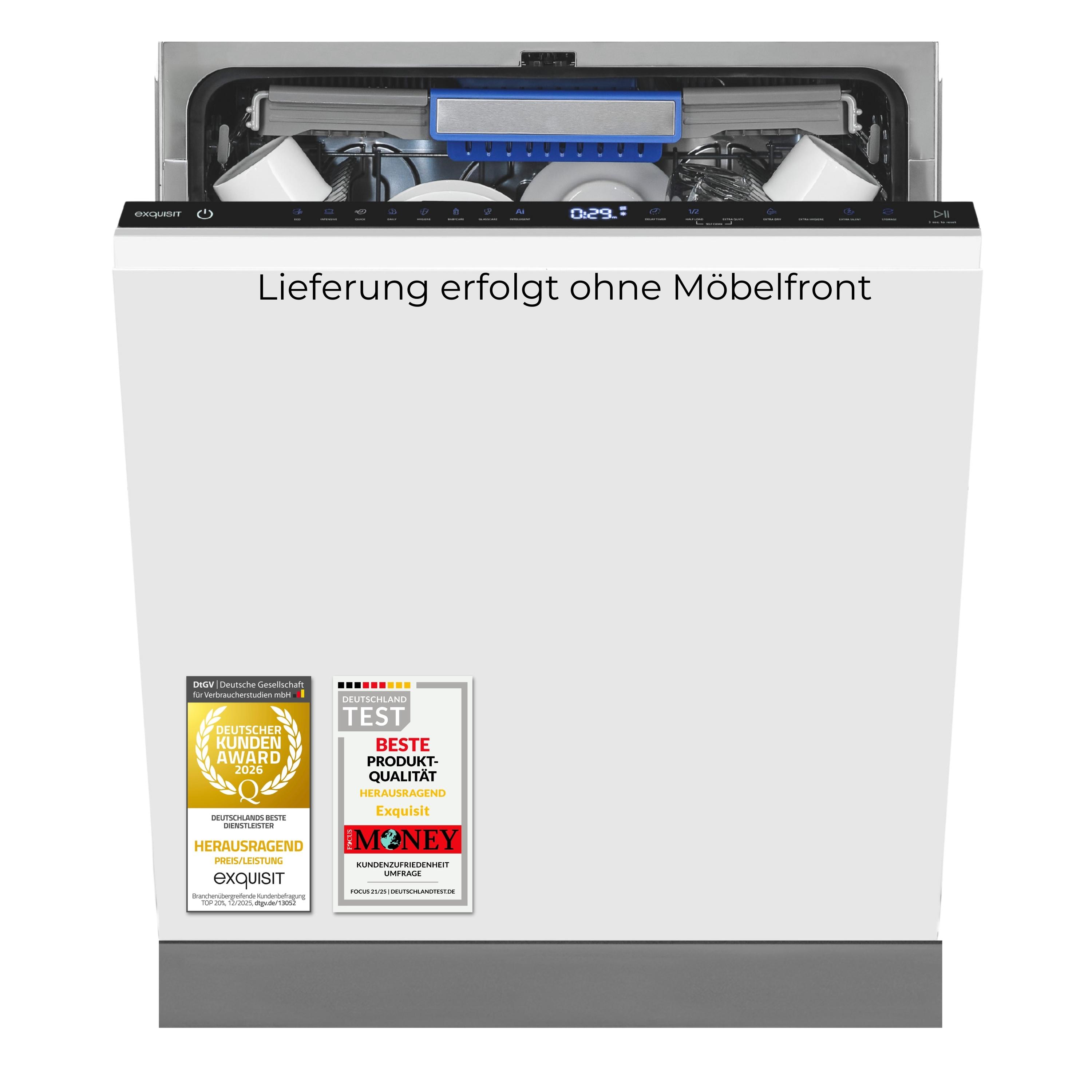 Exquisit Einbau-Geschirrspüler EGSP9616-E-450B schwarz | 16 Maßgedecke | Energieklasse B | 42 dB | 8 Programme | Besteckschublade | Halbe Beladung