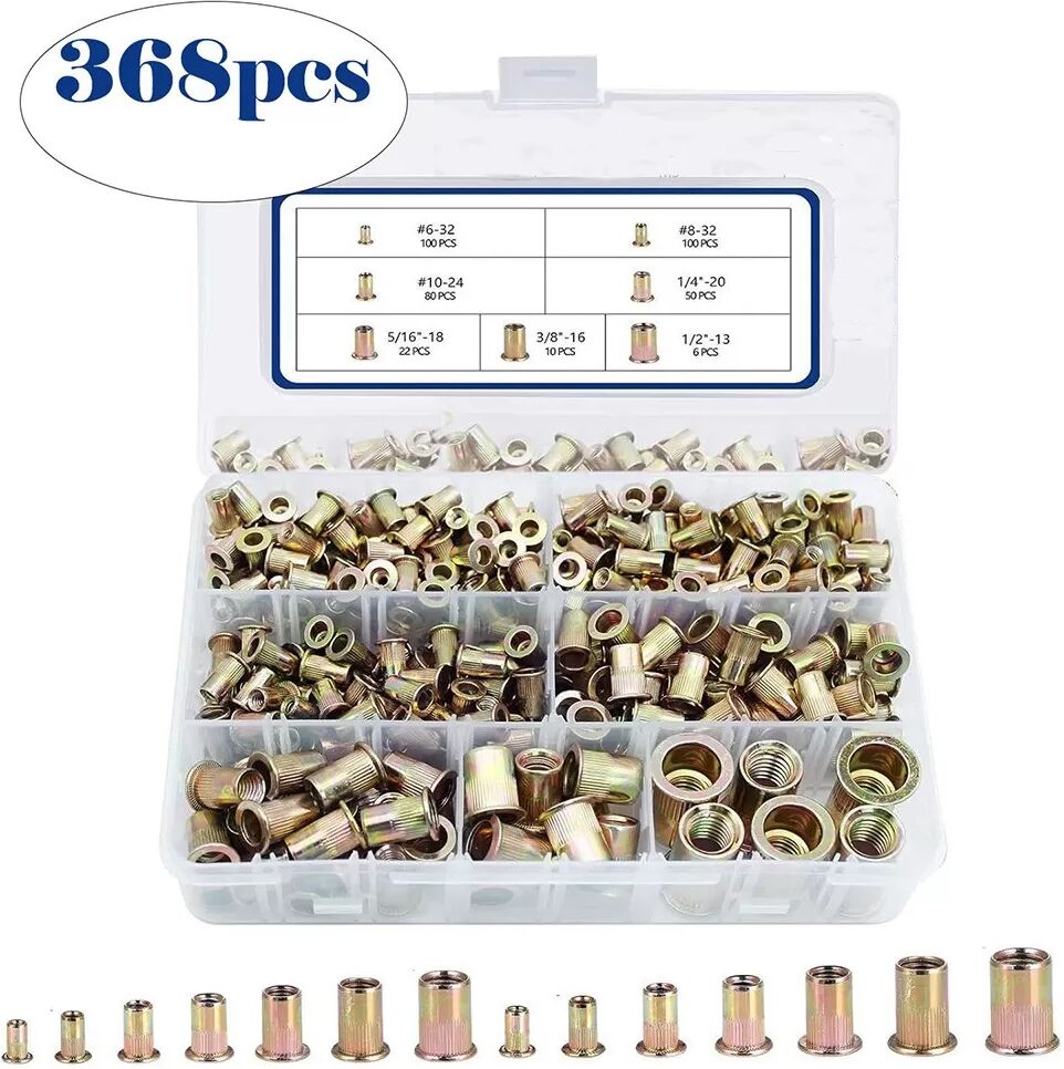 INF 368-teiliges Rändel-Nietmuttern-Set, Gewindeeinsatzmuttern-Sortiment aus Zinklegierung