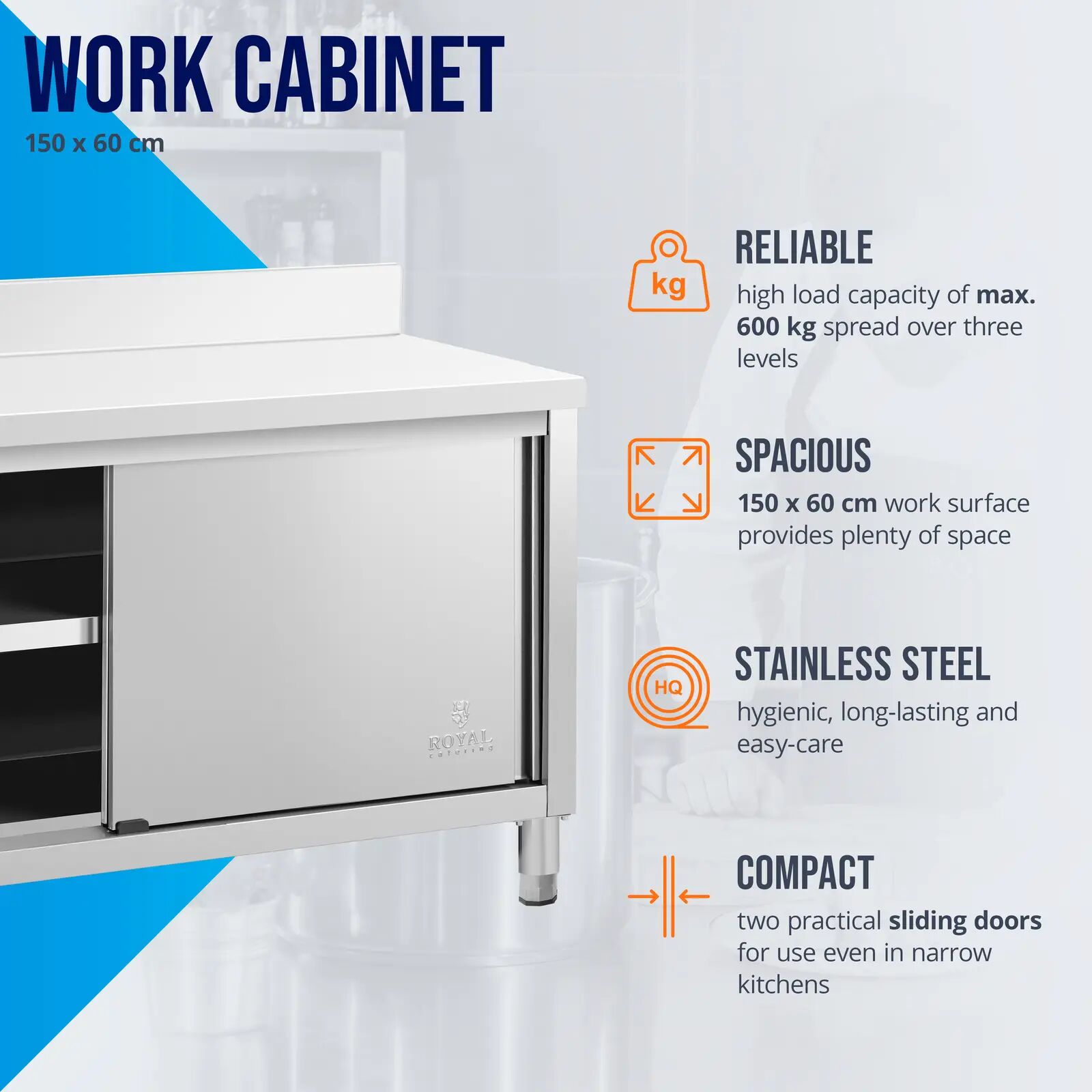 Edelstahl-Arbeitsschrank - ECO - 150 x 60 cm - 500 kg - Aufkantung - Royal Catering RCSSCB-150X60-E-B