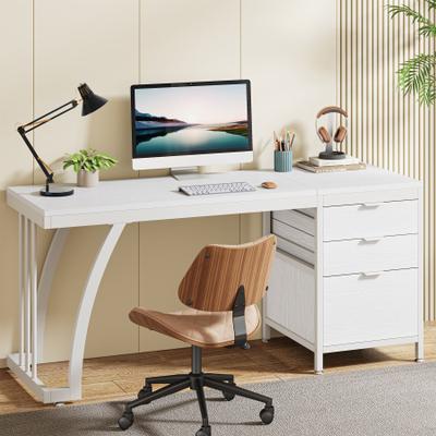 1Easylife 59 inch Reversible Computer Desk with 3 Drawer Cabinet, Industrial Study Writing Table Workstation for Home Office Bedroom