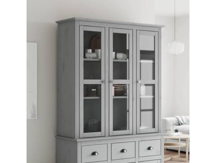 RJPLMFV Schrank mit Glastüren, massives Kiefernholz, Grau Aufbewahrungsregale, Griffe aus Metall, französischer Stil, Wandbefestigung inklusive