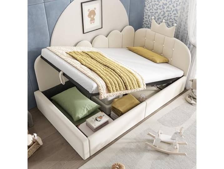 Merax Polsterbett Einzelbett Schlafsofa 90x200cm, Kinderbett, Tagesbett, Schlafsofa mit Hydraulisch Stauraumbett, Funktionsbett mit Lattenrost und Kopfteile, Samt, Ohne Matratze, Hellbraun