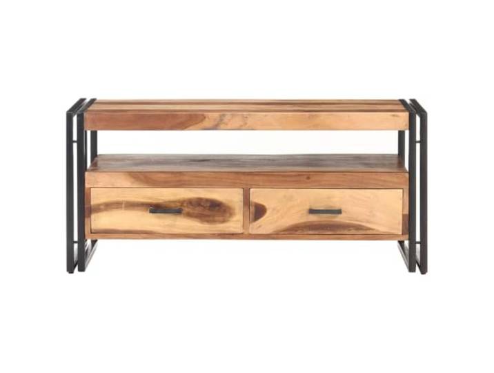 YUTAASU Couchtisch 100x55x45 cm Massivholz Akazie 2 Schubladen, Ablage, Pulverbeschichtete Stahlbeine, Industrieller Stil, Beistelltisch