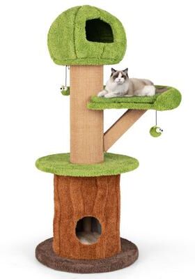 Costway Mushroom Cat Tree for Indoor Cats with 2 Cute Condos Plush Perch and Teasing Balls-Green