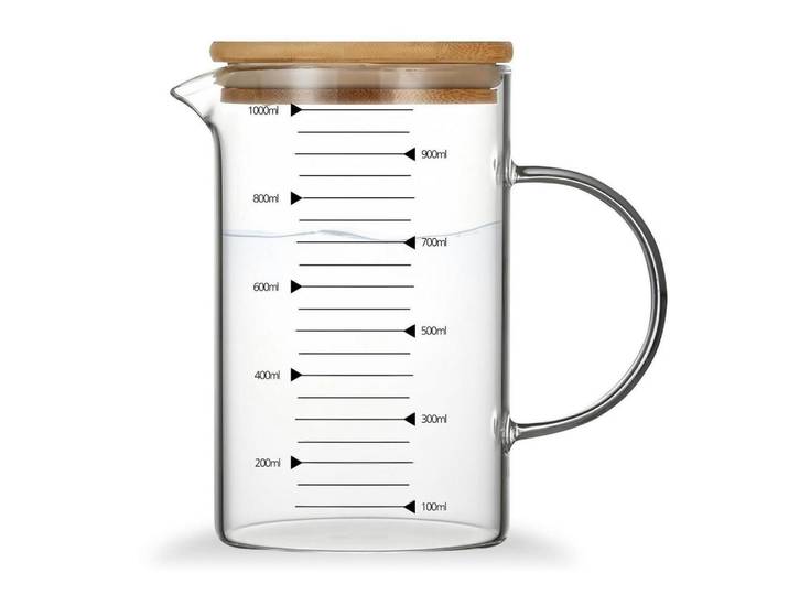 Messbecher Glas 1000ml mit Bambusdeckel, Transparent, Backen & Backzubehör, Messbecher