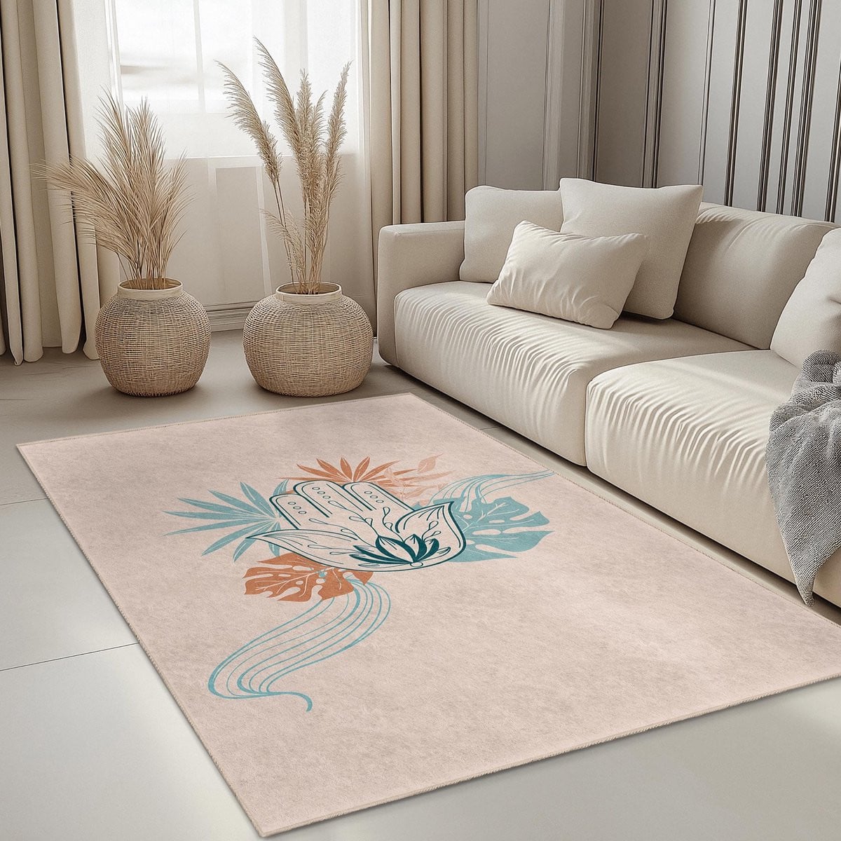 Merkloos Boho Floral Rechthoekig Vloerkleed in Katoen en Polypropyleen