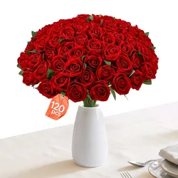 VEVOR Kunstblumen Gefälschte Rosen mit Stielen 120 Bündel Kunstpflanze Rot, Künstlicher Blumenstrauß als Deko für Zuhause Café & Hochzeit, aus Seidenstoff & Kunststoff, Pflegefreie Kunstpflanze, DIY