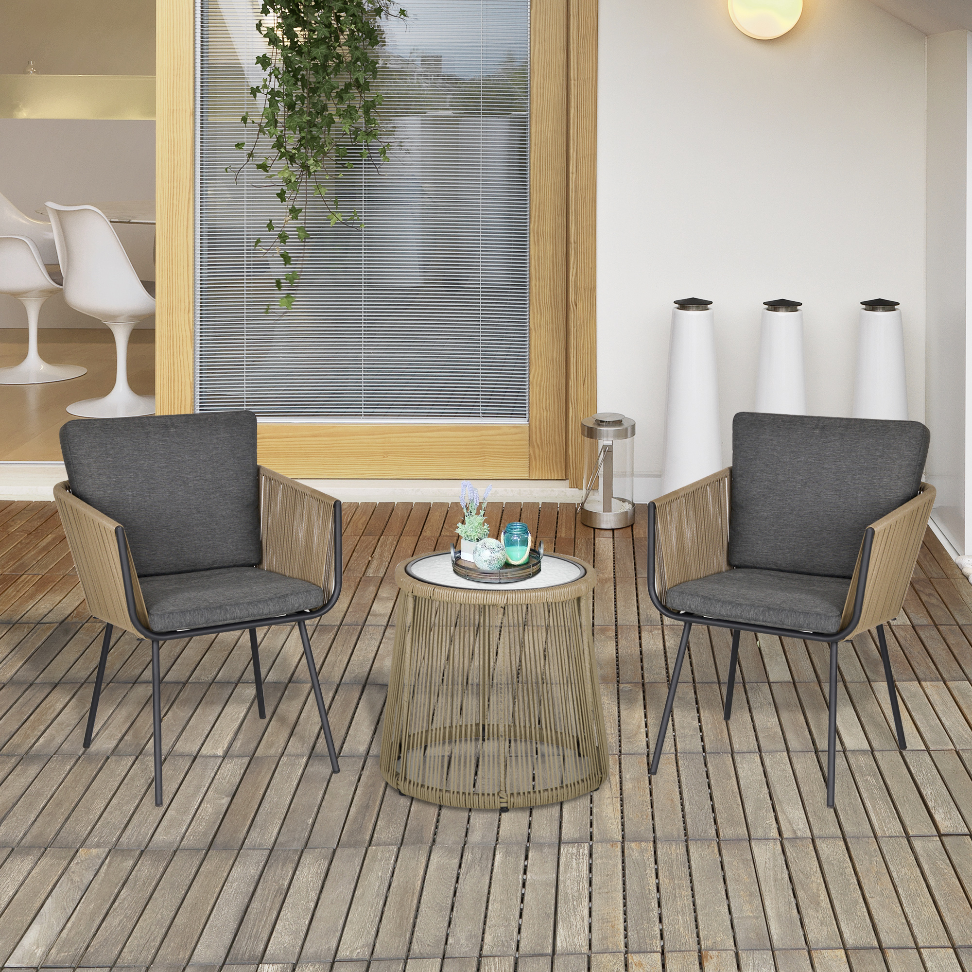 Outsunny Set con Tavolino e Sedie da Giardino da 3 Pezzi, Sedie in Rattan per Esterni, Cachi e Grigio Aosom