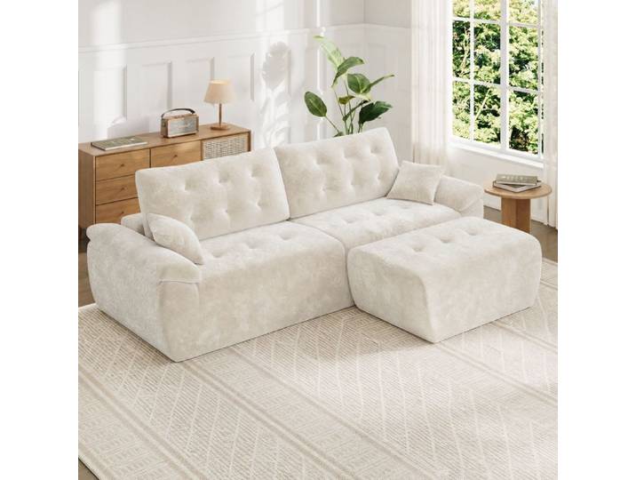 Grand Canapé 3 Places en Chenille Modulable Compressé avec 2 Coussins et Oreillers Canapé Scandinave avec Pouf 275x174x90cm Beige