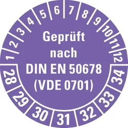 Dreifke® Prüfplakette Gepr.n.DIN EN 50678(VDE 0701) 28-34, violett, Doku.folie, Ø30mm, 18 Stk.