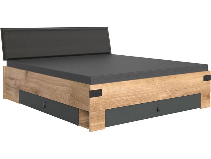 Wimex Futonbett Stockholm (2 Schubkästen, 1 Klappbares Fach, gepolstertes Kopfteil, 1-tlg., industriedesign, mit Stauraum und Polsterkopfteil), 180x200cm Plankeneiche / graphit