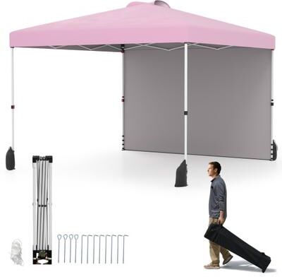 Costway 10 X 10 FT Pop up Canopy Tent with 1 Sidewall and Wheeled Bag-Pink