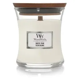 WoodWick White Teak, knisternde Kerze mini, 85g Brenndauer bis zu 20 Std