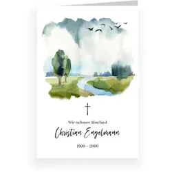 Einladungen Trauerfeier Beerdigung in Weiß mit eigenen Fotos gestalten im Design "Einladungskarte Trauerfeier: Wasserfarben Landschaft in Weiß" - Musterkarte - Karten einfach online bei...