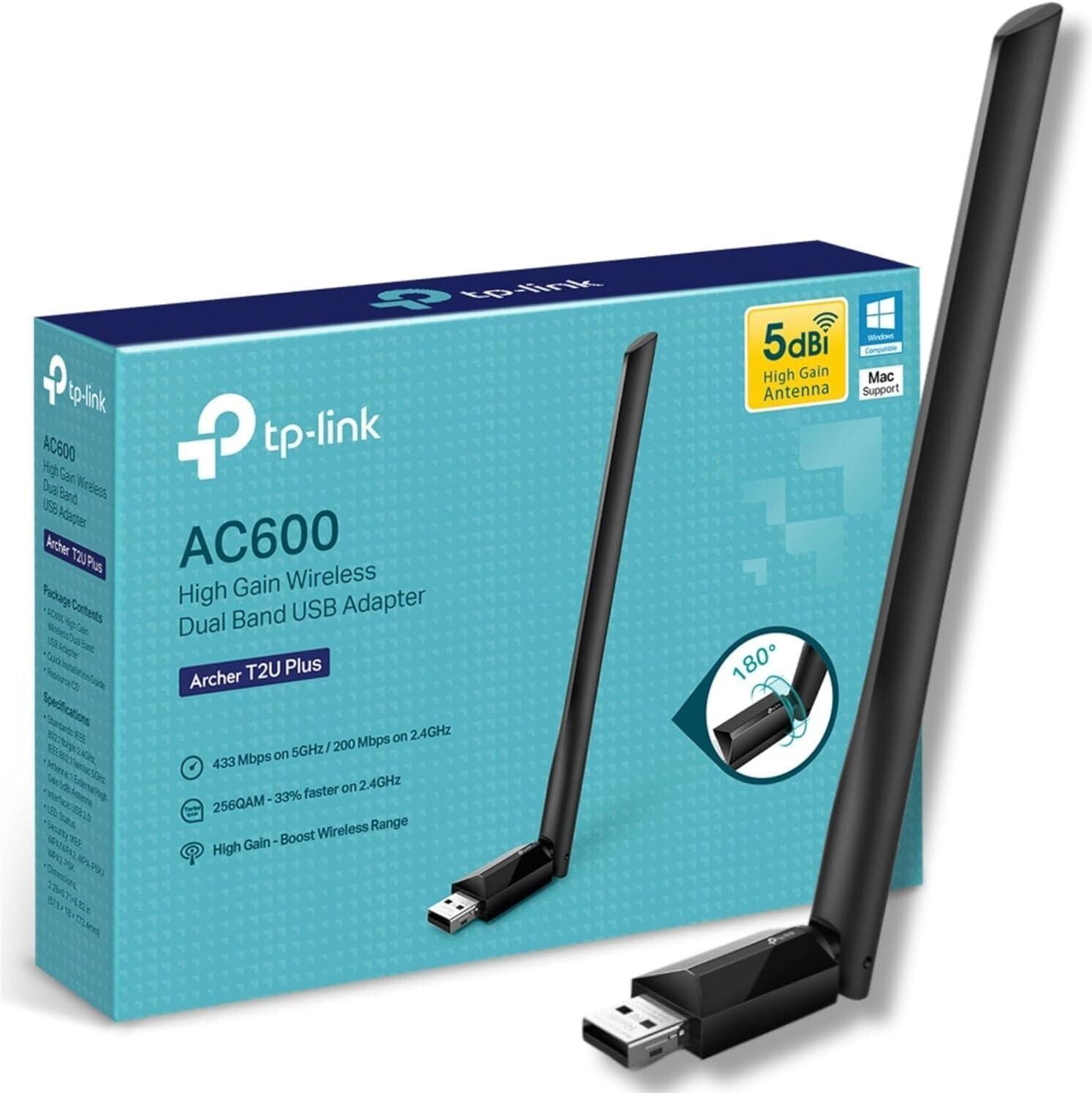 TP-LINK AC600 High Gain USB Wi-Fi Dongle - Dual Band Wi-Fi Adapter with 5dBi Antenna for PC, Desktop, Laptop, Supports Windows 11/10/8.1/8/7/XP, macOS X 10.9-10.14 (Archer T2U Plus)