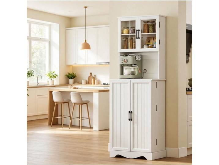 WOVREO Buffet de cuisine haut blanc 60 cm 4 portes plan de travail et 8 rangements de porte