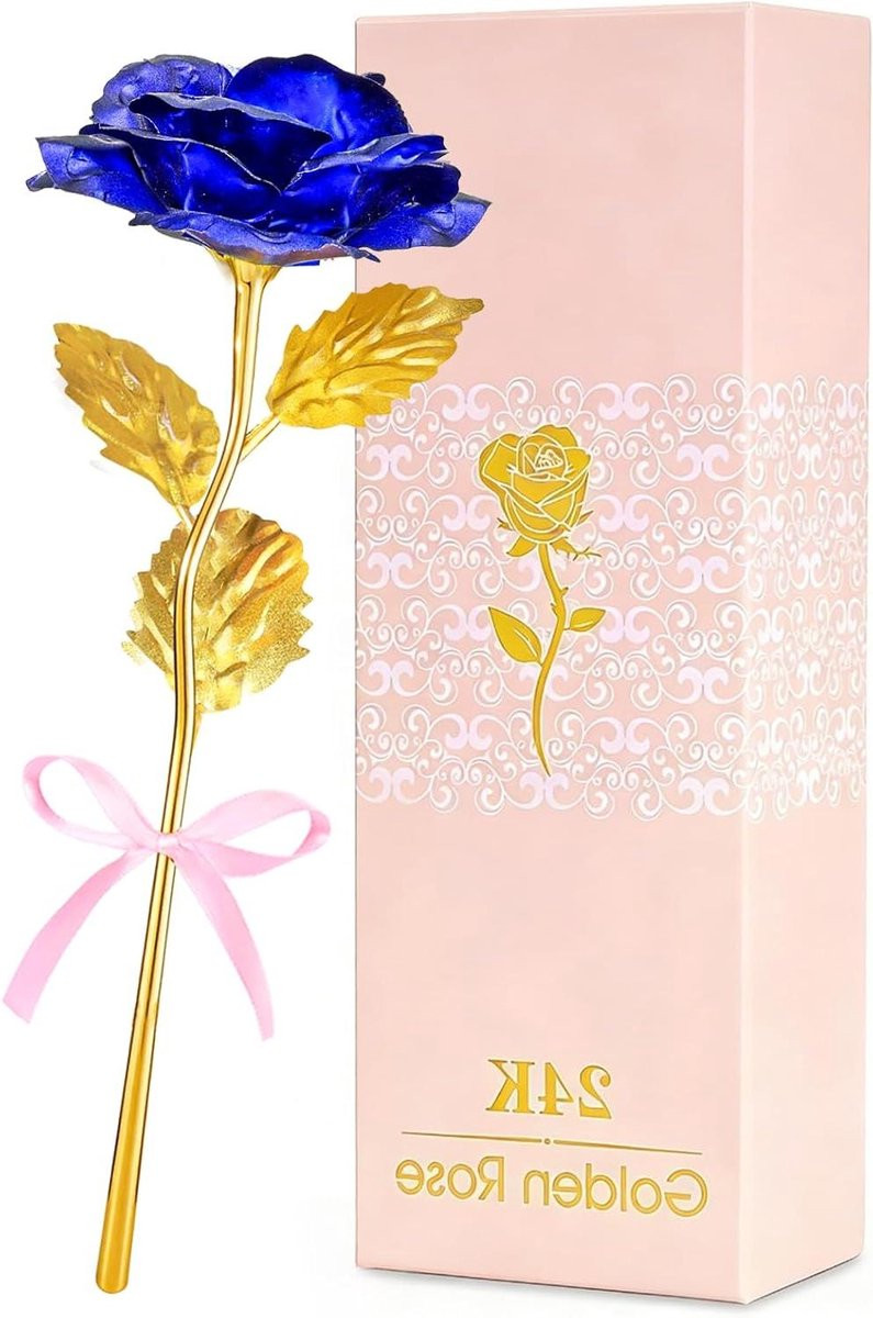 Glazen Roos Blauw met Gouden Folie Steel - Kunstbloem Decoratie voor Valentijnsdag en Bruiloften - 27 cm