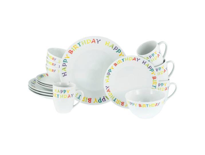 Creatable Kombiservice Happy Birthday, Mehrfarbig, Keramik, 16-teilig, Texte, 300 ml,600 ml, lebensmittelecht, stapelbar, Essen & Trinken, Geschirr, Geschirr-Sets, Kombiservice
