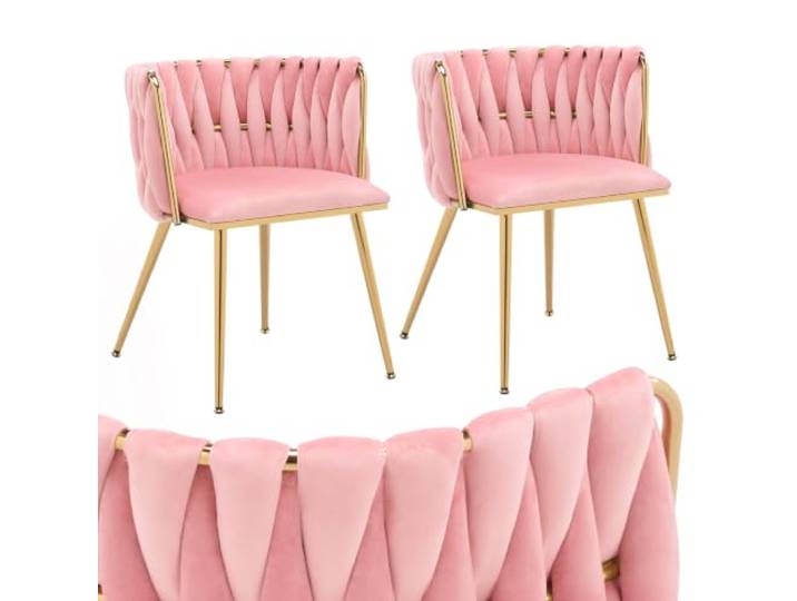 FurniSoar Esszimmerstühle 2er Set mit Armlehne, Handstricken Polsterstuhl Küchenstuhl aus Samt und Goldenen Beinen, Armlehnstühle für Esszimmer, Küche und Wohnzimmer, Rosa