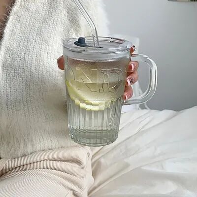 Uplifted Trends Retro Glass Tumbler With Lid And Straw Reusable Juice And Coffee Cup Transparent Green Glass Mug clear