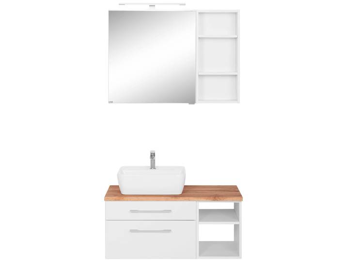 Badmöbel-Set WELLTIME Davos , weiss (weiß), Becken links, Kastenmöbel-Sets, Badmöbel-Set, Spiegelschrank, Regal und Waschtisch