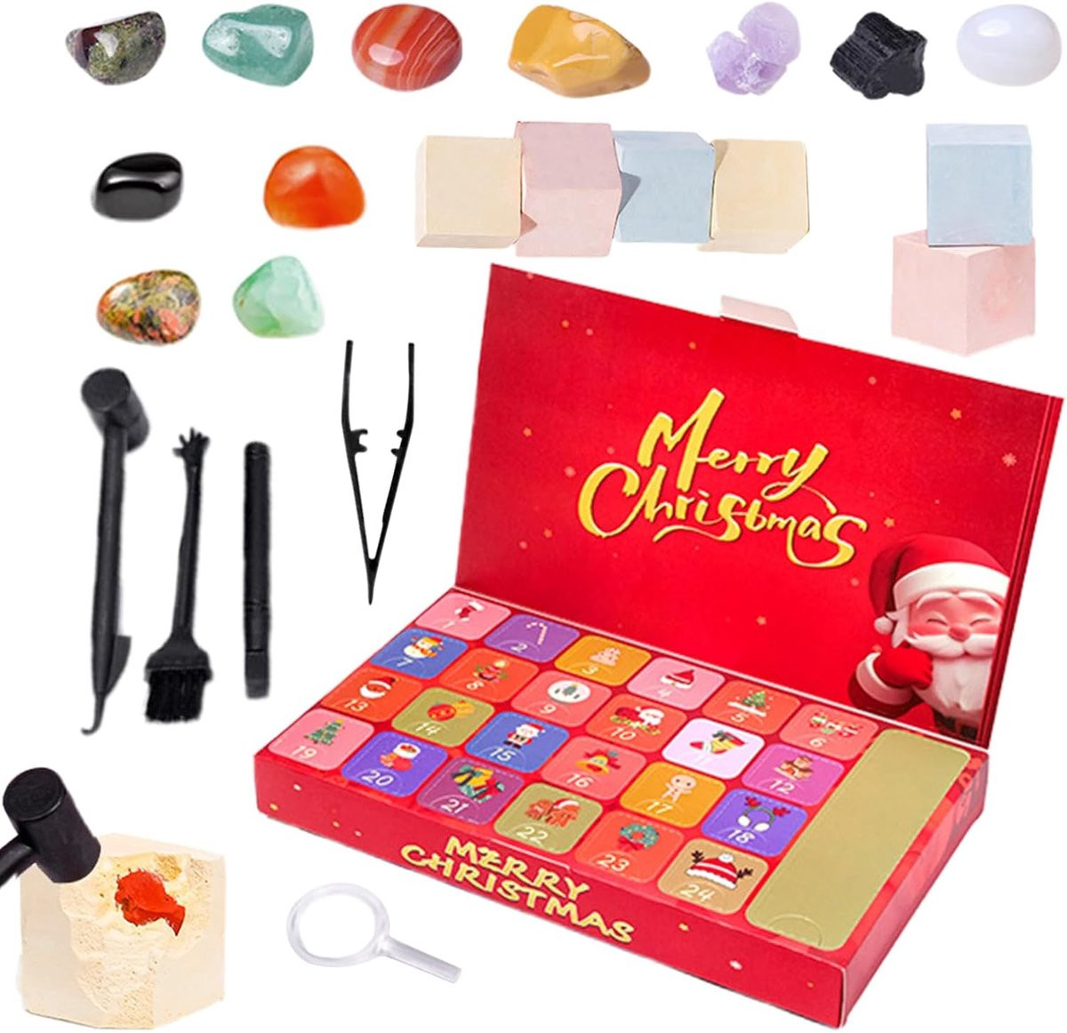 Adventskalender 2025 voor kinderen met kristal- en steengraafdoos en gereedschap