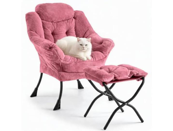 IDEALHOUSE Bequemer Wohnzimmer-Sessel mit Klapphocker, Relaxsessel Loungesessel Weicher Bezug in Kaninchenfell-Optik, Seitentasche-Gemütlicher Lesesessel für Wohnzimmer, Schlafzimmer&Büro