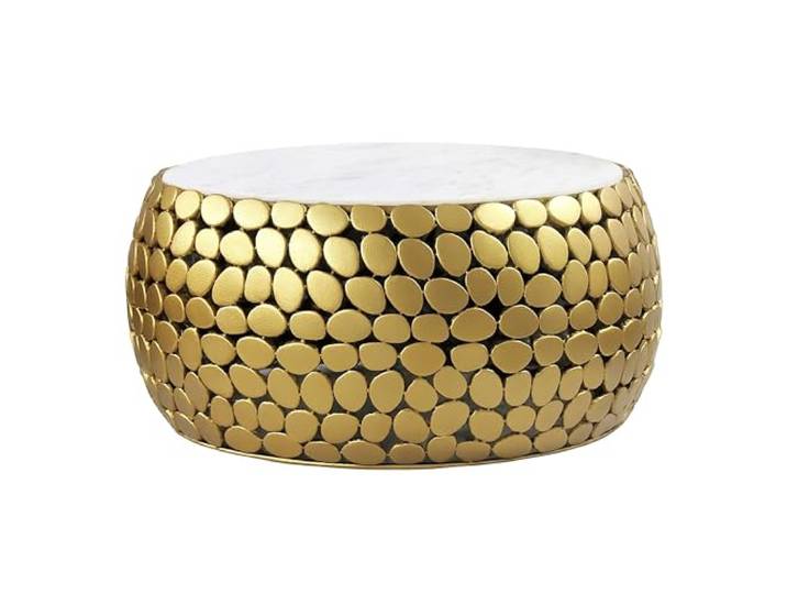 WOHNLING Couchtisch Rund 66x66x32 cm Aluminium Gold Marmorplatte Wohnzimmertisch mit weißer Tischplatte aus edlem Naturstein, Sofatisch harmonisch, handgefertigtes Unikat