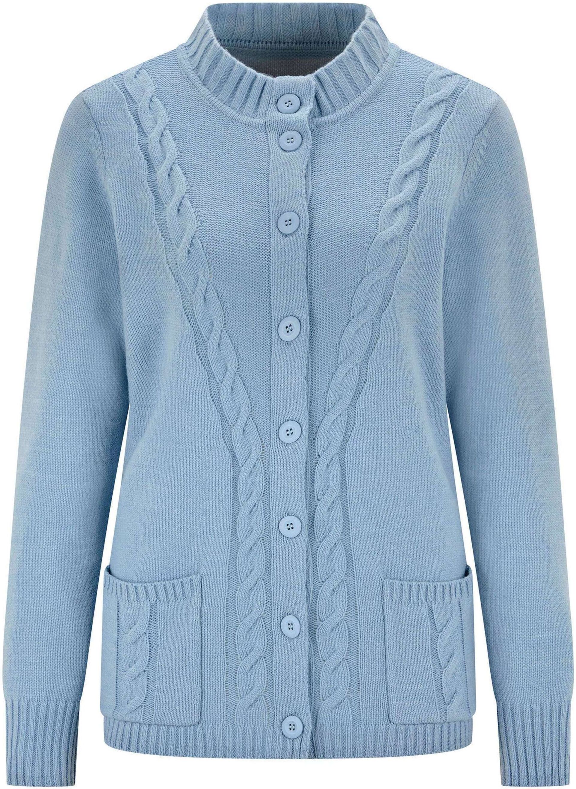 Strickjacke GOLDNER "Cardigan mit Zopfmuster", Damen, Gr. 38, blau (hellblau), Obermaterial: 70% Polyacryl PAN. 30% Schurwolle WV., figurumspielend, Rippbündchen, Strickjacken Strickjacke, Zopfmuster im Vorderteilund aufgesetzte Taschen