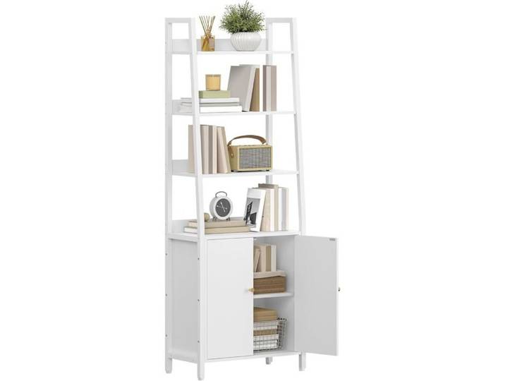 Bibliothèque à 6 Niveaux avec Portes Bibliothèque Trapézoïdale Verticale Meuble de Rangement Structure en Métal Blanc