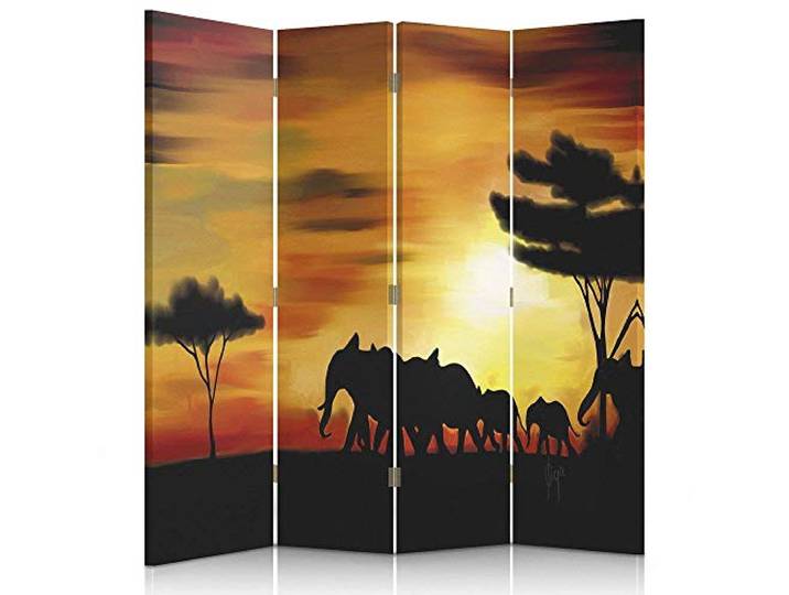 Feeby Paravent Afrika Elefanten 145x180 cm 4 Teilig Modern Design Beidseitig Raumteiler Wandschirme Foto Trennwand Raumtrenner Sichtschutz Spanische Wand auf Leinwand Bedruckt Sonnenuntergang Orange