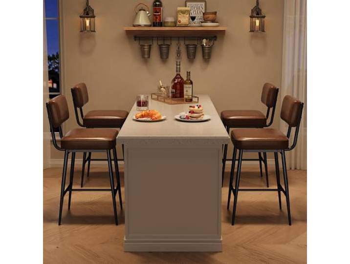 IDEALHOUSE 4er Set Barhocker 66 cm – braunes Kunstleder, mit Rückenlehne, gepolstert, stabile Metallbeine – für Kücheninsel, Esszimmer & Home-Bar (2 Sets)
