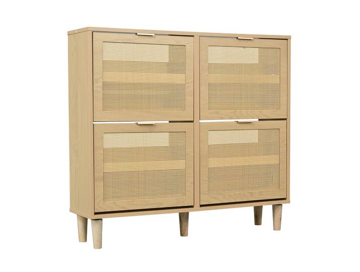 SCHUHSCHRANK mit Rattan-Front & 4 Klappen in Eiche-Optik