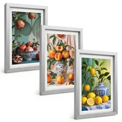 BILDER SET 3er Set - 20x30 cm Silberner Rahmen - Granatäpfel, Pfirsiche, Zitronen