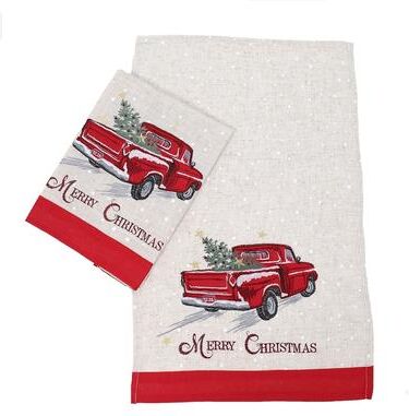 Manor Luxe "Merry Christmas Truck Decorative Towels 14""x22"", Set of 2 - Natural - 14""x22"""